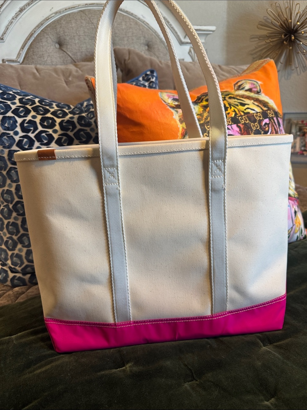 Cream Canvas Tote with Hot Pink Base and Leather Patch - Picture 3 of 5